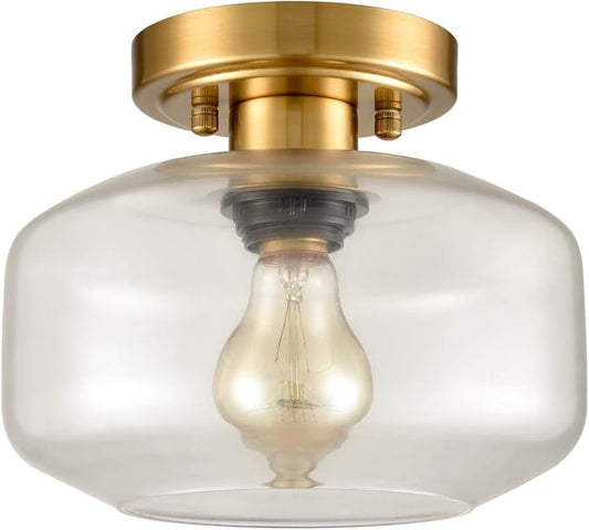 Modern Small Semi Flush Mount Ceiling Light Glass Brass Gold Ceiling Lights Hallway Fixtures, 1-Light