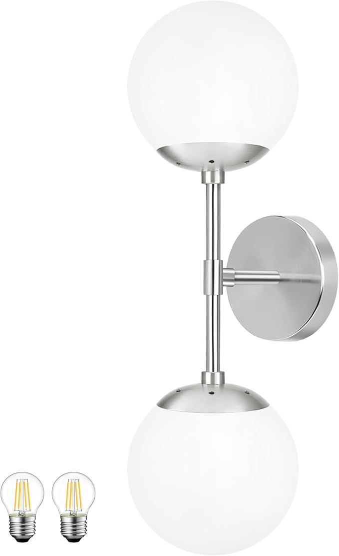 KoKo&Yukina Nickel 2 Light Vanity Light Fixtures Mid Century Modern Bathroom Vanity Light Globe Sconce with Milky White Glass for Bathroom Bedroom