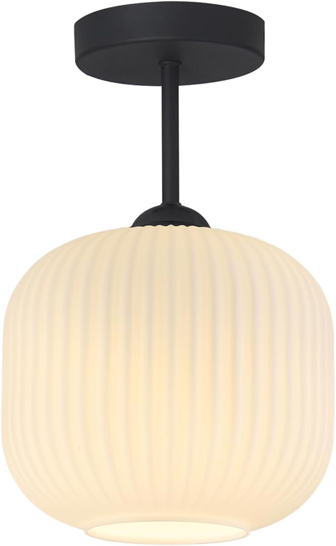 Black and White Flush Mount Ceiling Light Vintage Milk Glass Semi Flush Mount Ceiling Light Black Modern Globe Ceiling Lighting for Bedroom Bathroom Living Room