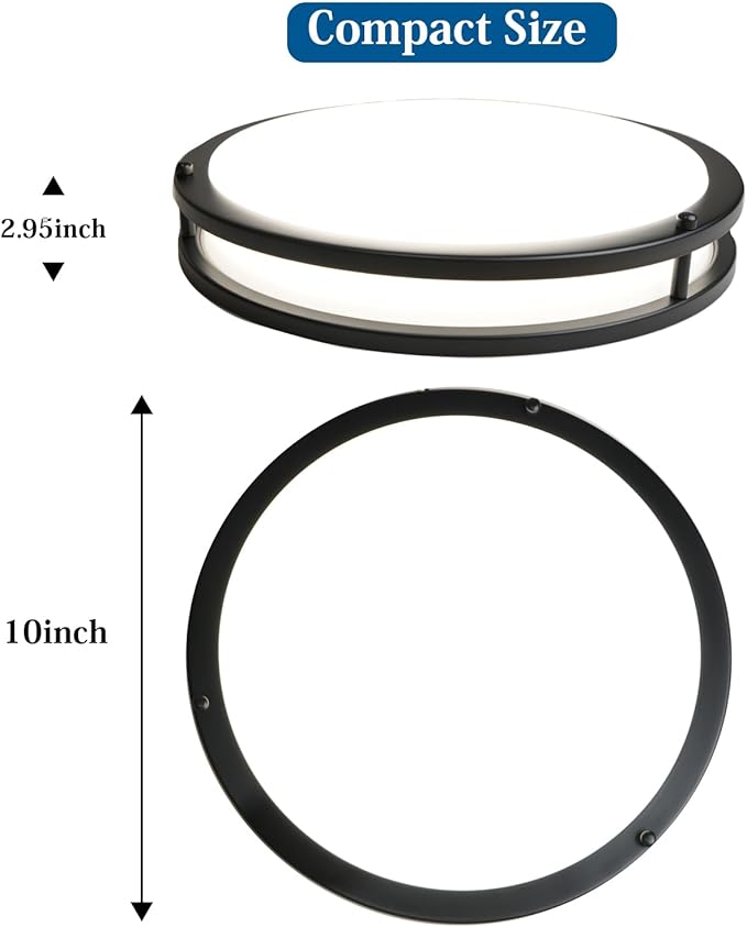 OOWOLF 10 Inch 24W LED Ceiling Lights, 5000K Brightness Adjustable Flush Mount Ceiling Light, Super Bright Matte Black Lighting Lamp Fixture for Bedroom Bathroom Dining, 2-Pack, Daylight White