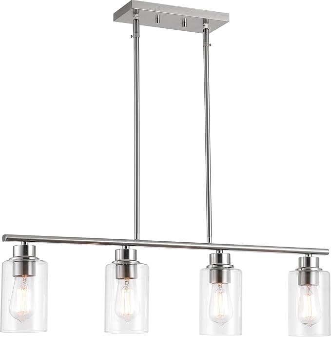 mavcadonf Kitchen Island Light, 4-Light Pendant Lighting, Farmhouse Dining Room Light Fixtures for Kitchen Island Dining Living Room, Brushed Nickel with Clear Glass Shade