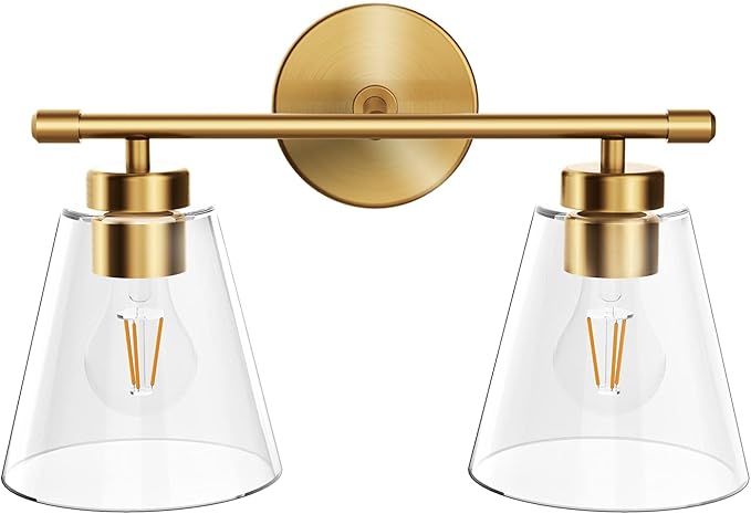 Hamilyeah Bathroom Vanity Light Fixtures Over Mirror, 2 Light Wall Light Fixture with Clear Glass Shade, Gold Sconces Wall Lighting for Bathroom, Kitchen, Living Room