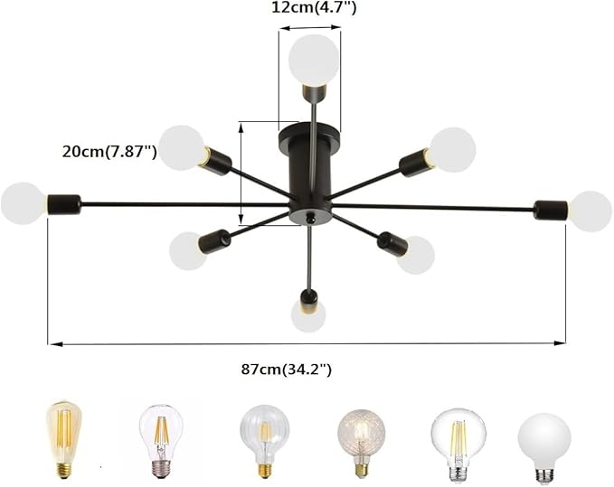 Garwarm 8-Light Sputnik Chandelier Black Industrial Semi Flush Mount Ceiling Light Fixture Mid Century Modern Pendant Light for Kitchen Farmhouse Living Room