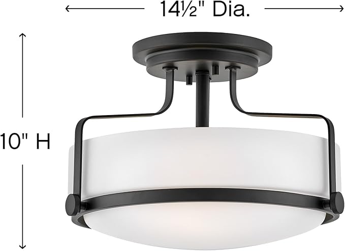 Hinkley Harper 3641BK Medium Semi-Flush Mount Ceiling Light, Sleek, Retro Style, Black and Etched Opal Glass