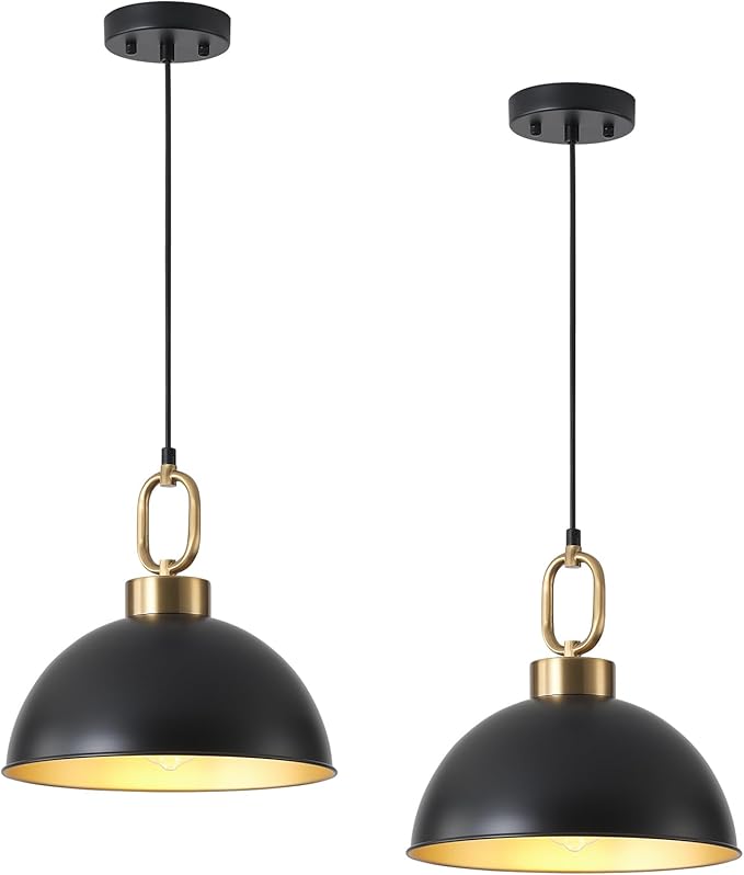 12.2 Inch Matte Black Pendant Lights Kitchen Island, Farmhose Kitchen Island Lighting, Adjustable Height Modern Dome Pendant Light Fixture for Dining Living Room Bar 2 Pack