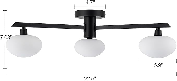 Semi Flush Mount Ceiling Light Fixture, Mid Century Modern 3-Light 22.5" Lighting Fixtures Ceiling Matte Black Ceiling Lights for Bedroom, Entryway, Hallway, Kitchen, Dining Room & Living Room