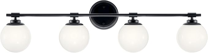 Kichler Benno 4-Light Vanity, Modern Light with Opal Glass in Black, for Bathroom or Powder Room (8.75" x 34"), 55173BK