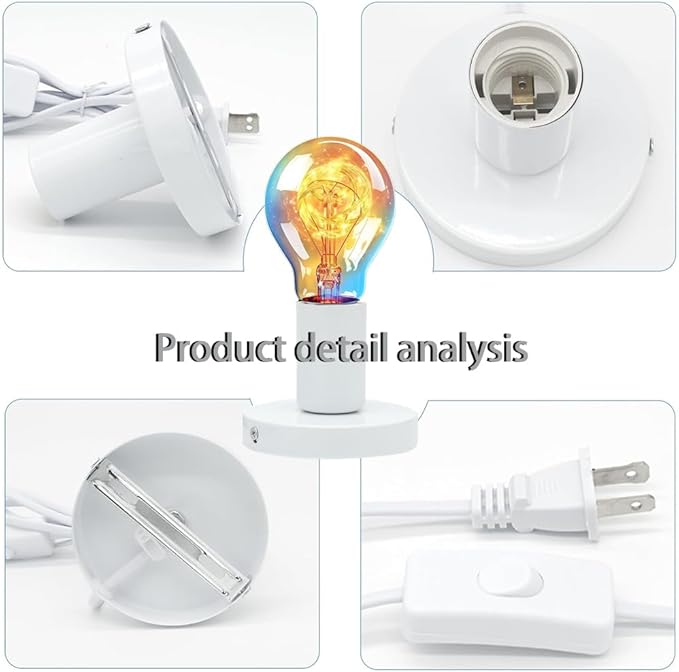Polished Metal Desktop Lamp Base E26 E27 Screw Light Bulb Night Light Base Lamp Replacement, 6 Feet Cord Extension On/Off Switch, Small Replacement Screw Ceiling Bulb Hold. (White)
