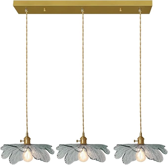 Mid Century 3-Light Pendant Chandelier – Dark Green Glass Shades & Gold Brass, Vintage Hanging Light for Dining Room, Kitchen Island, Farmhouse Living Room