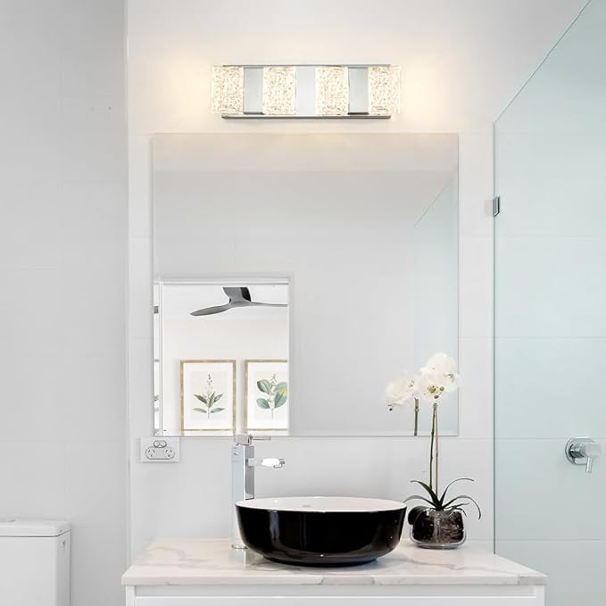 Modern Chrome 4-Lights Bathroom Vanity Light, Eleglant Chrome LED Bathroom Light Fixtures Over Mirror, Dimmable Acrylic Shade Wall Lighting Fixtures, Hardwired Wall Light(H4.33in, L15.16in)