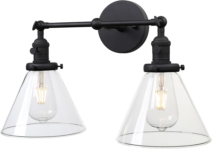 PERMO Double Sconce Vintage Industrial 2-Lights Sconce Antique Wall Sconces with Funnel Flared Glass Clear Glass Shade Vanity Light for Bathroom (Matte Black)