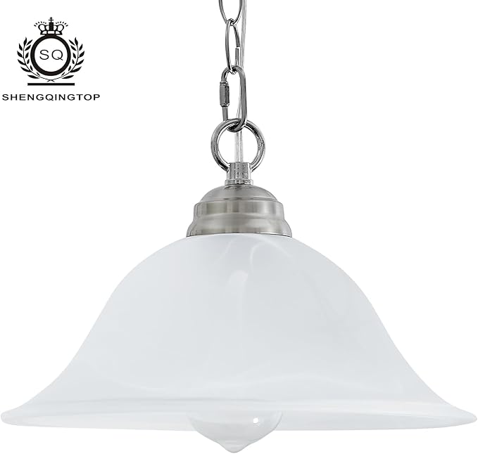 Plug in Pendant Light Alabaster Glass Shade Hanging Lamp with On/Off Switch,16.4Ft Cord & 14.7Ft Chain Dimmable Brushed Nickel Swag Light Fixture for Kitchen Sink Bar Nook Farmhouse