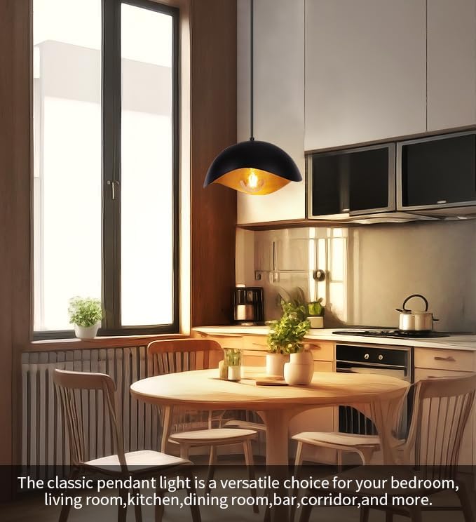 Modern Wave Pendant Light, 11" Black and Gold Dome Shade, LED Ceiling Light Fixture with Globe Bulb, Contemporary Hanging Light for Kitchen, Dining Room, Bedroom (2 Pack)