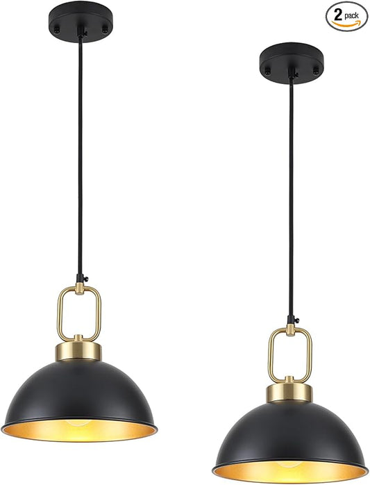 Black Pendant Lights Kitchen Island, 10.2 Inch Dome Black and Gold Pendant Lights, Vintage Metal Industrial modern Farmhouse Pendant Light Fixture Hanging Lights for Dining Room, Cafe, Bar, 2 Pack
