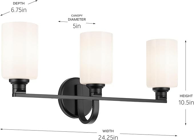 Kichler Gioe 24.25 in 3-Light Bathroom Vanity Light Fixture with Opal Glass in Black, Modern Wall Mount Over Mirror for Powder Room, Damp Rated (24.25 in W x 10.5 in H), 55226BK