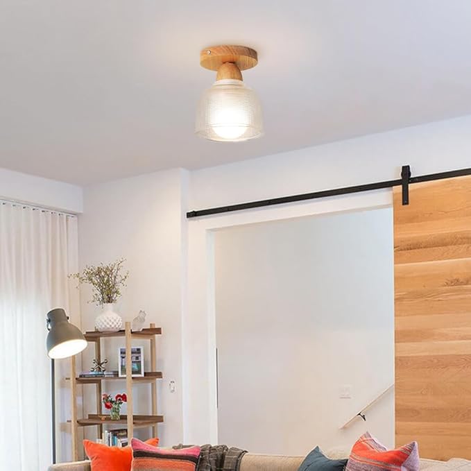 Schoolhouse Light Fixture Wood Ceiling Lamp, Semi Flush Mount Ceiling Light, 12'' Base, Balcony Solid Wood Hanging Light Farmhouse Bedroom Kitchen Hallway Glass Close to Ceiling Lights (A)