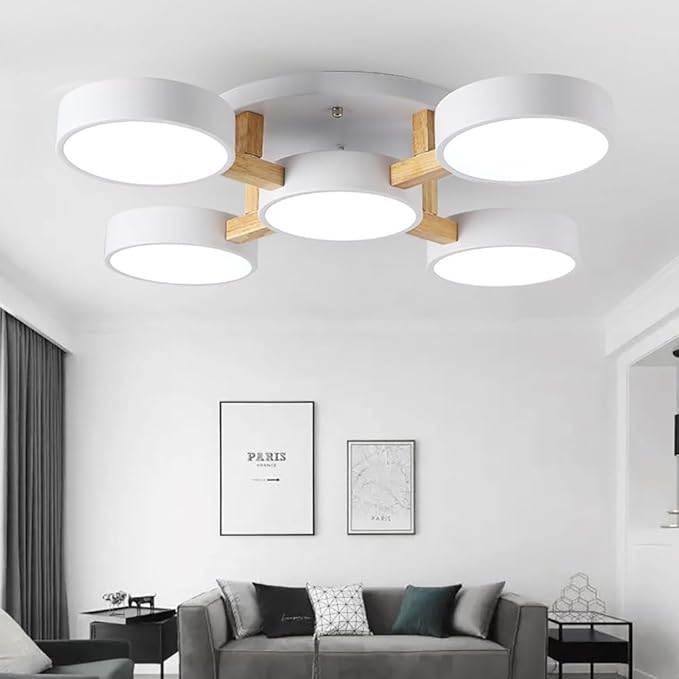 LED Ceiling Light Fixture,32 Inch 5-Lights Modern Ceiling Lights Flush Mount Wooden 55W Chandelier for Living Room Bedroom Kitchen,Dimmable 3000K/4000K/6000K Temperatures Selectable, White