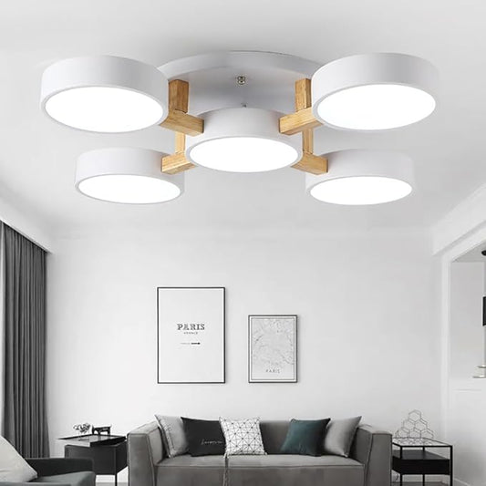 LED Ceiling Light Fixture,32 Inch 5-Lights Modern Ceiling Lights Flush Mount Wooden 55W Chandelier for Living Room Bedroom Kitchen,Dimmable 3000K/4000K/6000K Temperatures Selectable, White