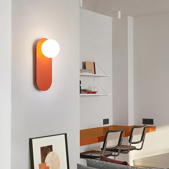 Glass Corridor Wall Mounted Lamp,Globe Light Fixture with Orange Background,Nordic Style Wall Sconce for Bedroom Kitchen and Hallway