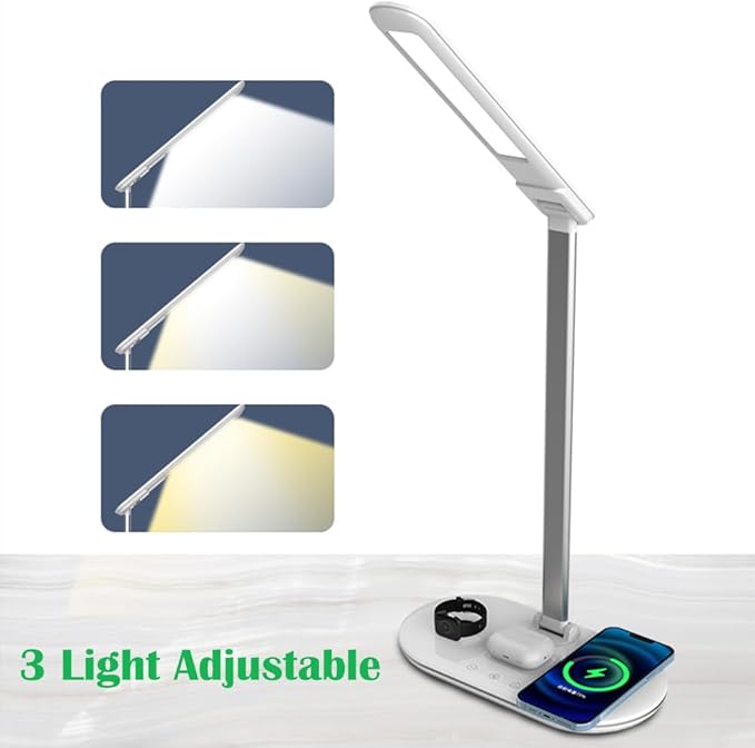 IHAO 3in1 Wireless Charging Eye-Care Desk Lamp 15W Fast Charging Station for Phone, Smartwatch & Earbuds, Touch Control Dimmable LED Light Adjustable Gooseneck, Modern Office Table Lamp-HYT2096 White