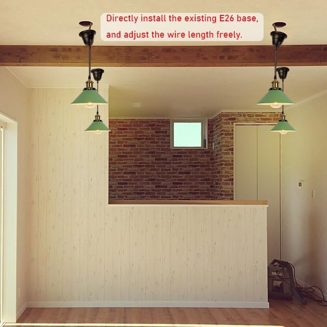 2 Pcs Ceiling Lights Conversion Pendant E26 Base Connections Adjusted Wire Length Cone Metal Green Lampshade Industrial Style Conversion Kit for E26 Ceiling Lamp Fixtures