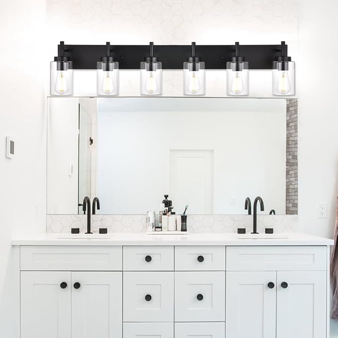 VINLUZ 6-Light Bathroom Vanity Light Fixture Black Modern Wall Lighting with Clear Glass Shade Industrial Sconces Wall Mounted Lamp for Kitchen Dining Room (Patent No.: US D958,438 S)