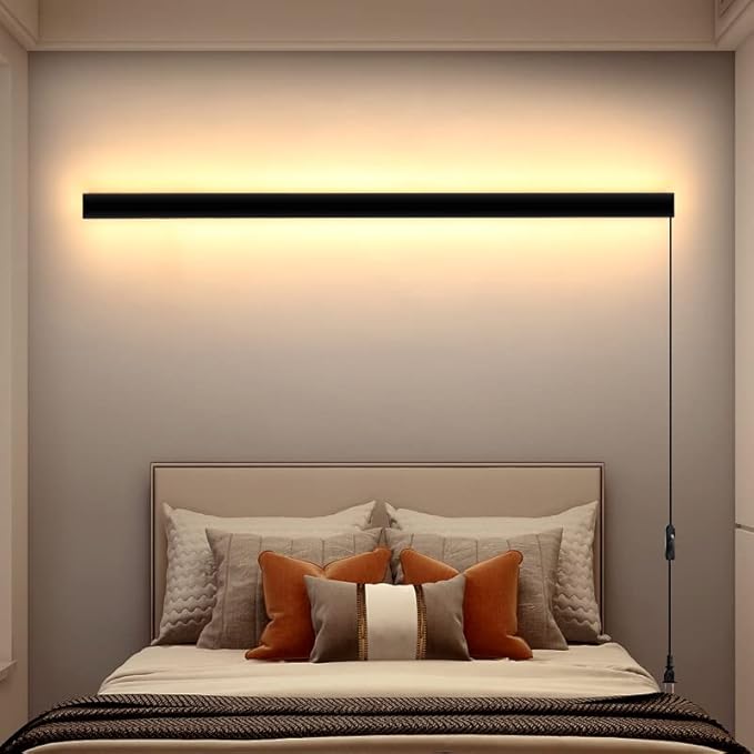 KELUOLY Modern Plug in Long Wall Sconce, 39" Black Matte LED Wall Lights, 20W Warm White 3000K Acrylic Indoor Wall lamp, with 59" Plug Cable for Bedroom, Living Room, Hallway