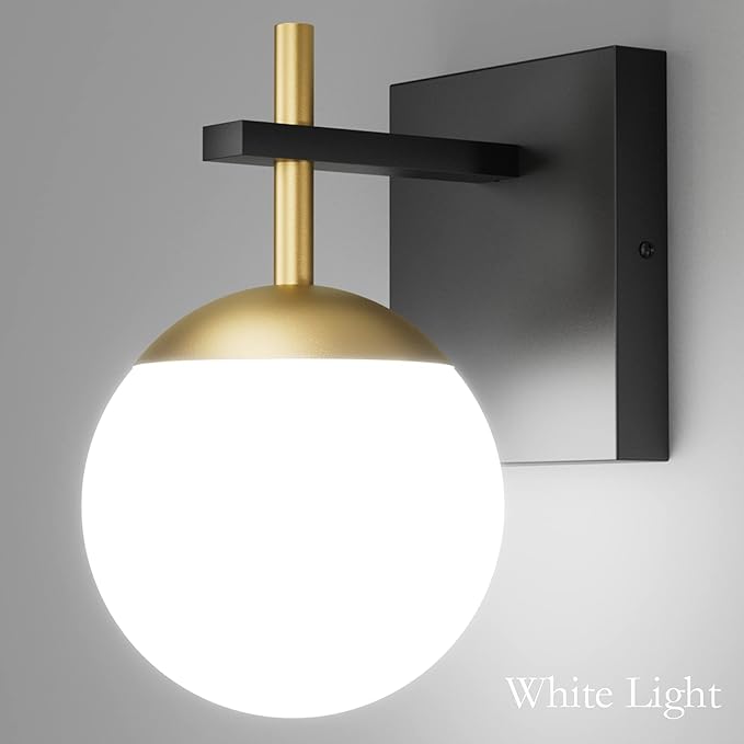 Ralbay Black Gold Wall Sconce, Mid Century Modern Wall Lighting Fixtures Milky Glass Indoor Wall Lamp for Home Decor Bathroom Kitchen Living Room Vanity Hallway, Black and Gold 1 Light