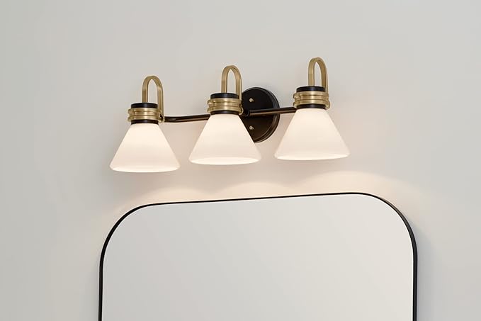 Kichler Farum 26 in 3-Light Bathroom Vanity Light Fixture with Opal Glass in Black with Champagne Bronze Accents for Modern Bathrooms and Powder Rooms (26 in W x 9.5 in H x 9.5 in D) 55155BK