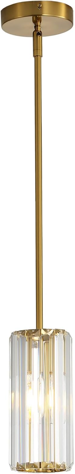 Gold Modern Pendant Light for Kitchen Island, 1-Light Mini Crystal Chandelier with E26 Base, Small Hanging Luxury Fixture for Dining Room, Bedroom, Foyer and Hallway