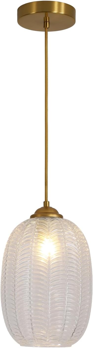 KCO Lighting Clear Glass Globe Pendant Light Ribbed Ceiling Light Brass Pendant Lights Kitchen Island Mid Century Modern Ceiling Hanging Light Gold Single Pendant Light