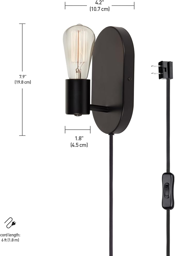 Globe Electric x Novogratz 51488 1-Light Plug-in or Hardwire Wall Sconce, Matte Black, 6ft Fabric Covered Cord, Rocker Switch, Wall Lights for Apartment or Renters, Modern Lighting