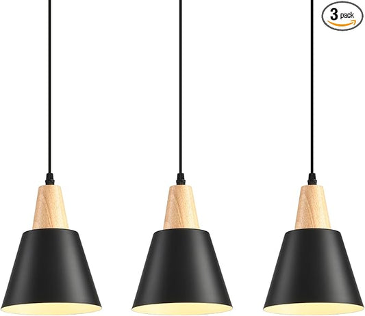 3 Pack Pendant Lights, Black Pendant Lights Kitchen Island,Wood Dome Minimalist Industrial Ceiling Hanging Lights for Kitchen Island, Barn, Dining Room, Living Room, Bedroom