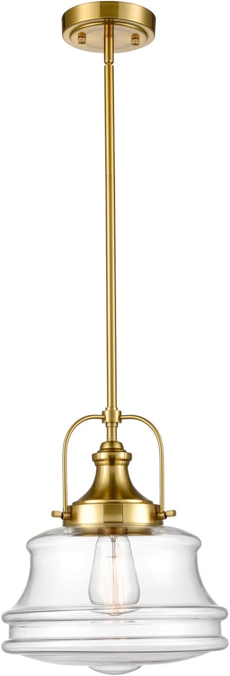 DEYNITE Modern Schoolhouse Pendant Light Fixtures Brass Hanging Kitchen Light with Clear Shade, E26 Light for Dining Room, Bedroom, Bathroom