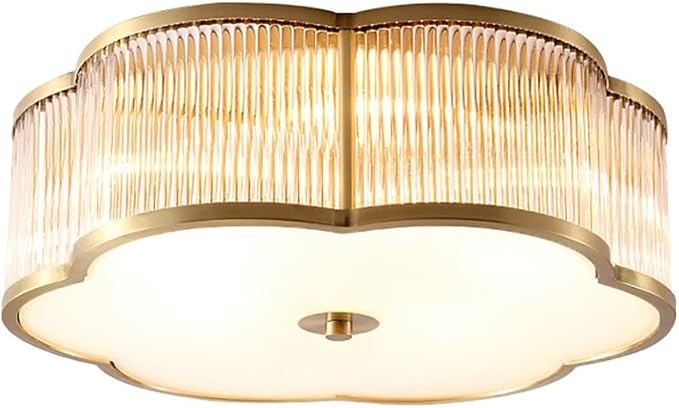 Flower Shaped Ribbed Glass Ceiling Light,Antique Brass Bedroom Flush Mount Light Fixture,Dimmable Led Overhead Fixture,Mid Century Modern Ceiling Lamp for Living Room Study Room