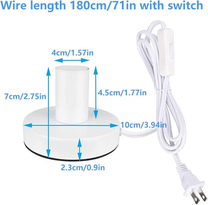 Industrial Table Lamp Base,Small Polished Metal Desktop Light Sockets Base Only,Vintage E26/E27 Edison Screw Light Bulb Holder Base,with 6ft Cord Switch Plug Bulb Base Holder（White）