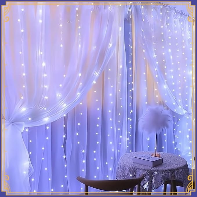 100 LED White Curtain Light for Party/Wedding/Festival/Christmas,Window Blinking String Light for Bedroom/Living Room,USB Plug with 8 Modes