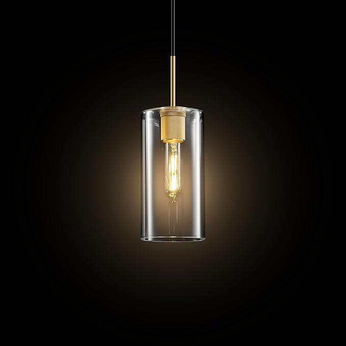Modern Gold Glass Pendant Light: Cylinder Clear Glass Pendant Light over Kitchen Island - Simple Brass Hanging Lights with Short Tube - Height Adjustable Pendants Lighting Fixture for Bedroom Bathroom