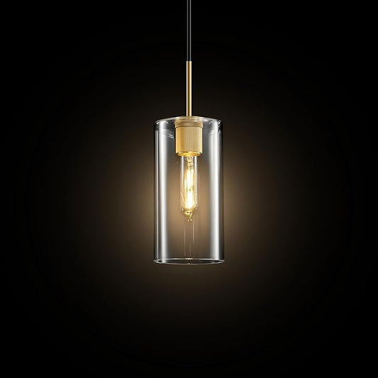 Modern Gold Glass Pendant Light: Cylinder Clear Glass Pendant Light over Kitchen Island - Simple Brass Hanging Lights with Short Tube - Height Adjustable Pendants Lighting Fixture for Bedroom Bathroom