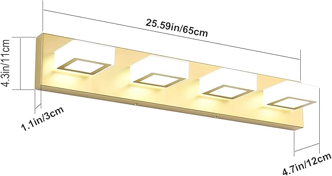Ralbay Modern Gold Vanity Lights for Bathroom 4 Lights LED Over Mirror Fixture Acrylic Wall Light, 25.6 Inch, White Light 6000K, 8590-Gold-Silver