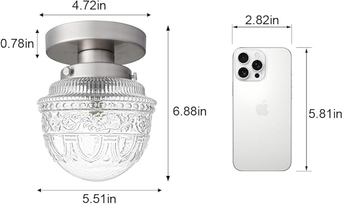 DSMJFU Brushed Nickel Semi Flush Mount Ceiling Light, Small Blowing Clear Glass Shade Ceiling Light Fixtures for Bedroom Closet Bathroom Hallway Kitchen