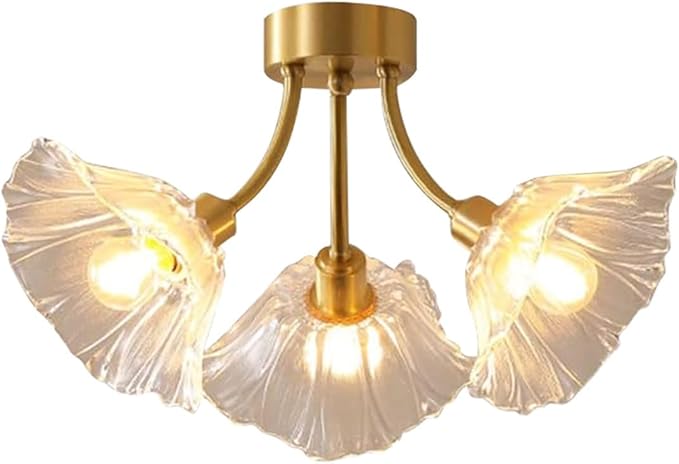 Glass Flush Mount Ceiling Lights Fixture 3-Light Gold Brass Close to Ceiling Light Clear Glass Flower Shape Mid Century Chandelier Lighting for Bedroom Living Room Dining Room