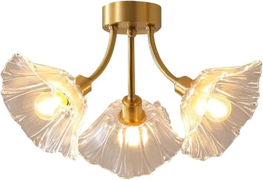 Glass Flush Mount Ceiling Lights Fixture 3-Light Gold Brass Close to Ceiling Light Clear Glass Flower Shape Mid Century Chandelier Lighting for Bedroom Living Room Dining Room