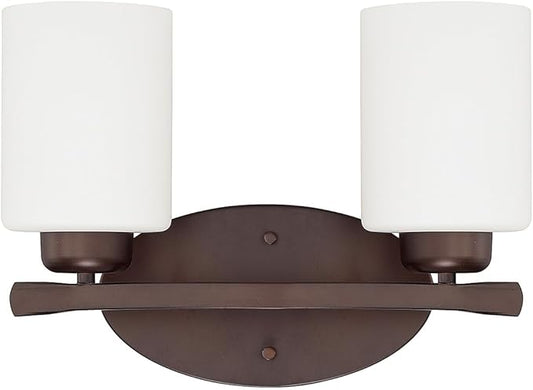 HomePlace by Capital Lighting 115221BZ-338 Dixon Modern Soft White Glass Bathroom Vanity Wall Light, 2-Light 200 Total Watts, 9" H x 13" W, Bronze