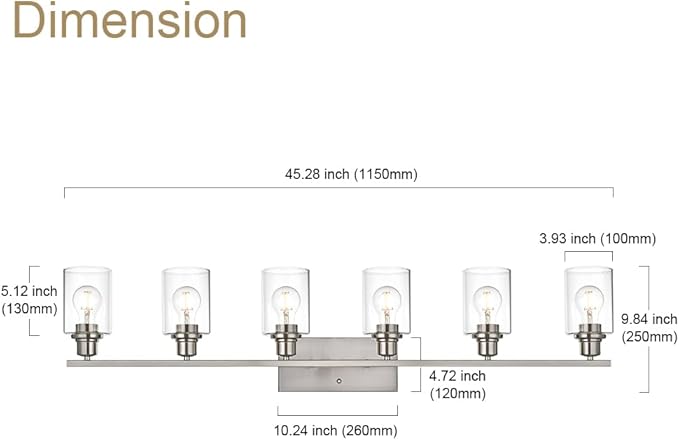 VINLUZ 6 Light Bathroom Lighting Fixture in Brushed Nickel Finish,Classic Metal Wall Mounted Lamp Over Mirror with Clear Glass Shade Industrial Vanity Light