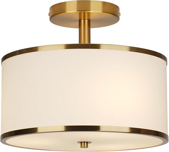 12.6" Semi Flush Mount Ceiling Light Fixtures,3-Light Drum Light,Antique Brass with White Fabric Shade,Light Fixtures Ceiling Mount for Bedroom,Dinning Room,Living Room,Nursery, Kitchen