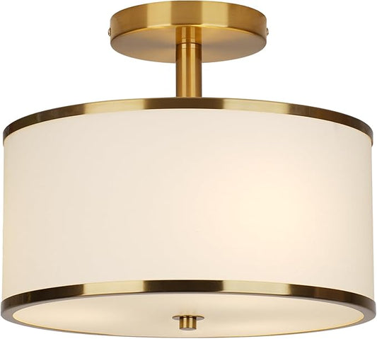 12.6" Semi Flush Mount Ceiling Light Fixtures,3-Light Drum Light,Antique Brass with White Fabric Shade,Light Fixtures Ceiling Mount for Bedroom,Dinning Room,Living Room,Nursery, Kitchen