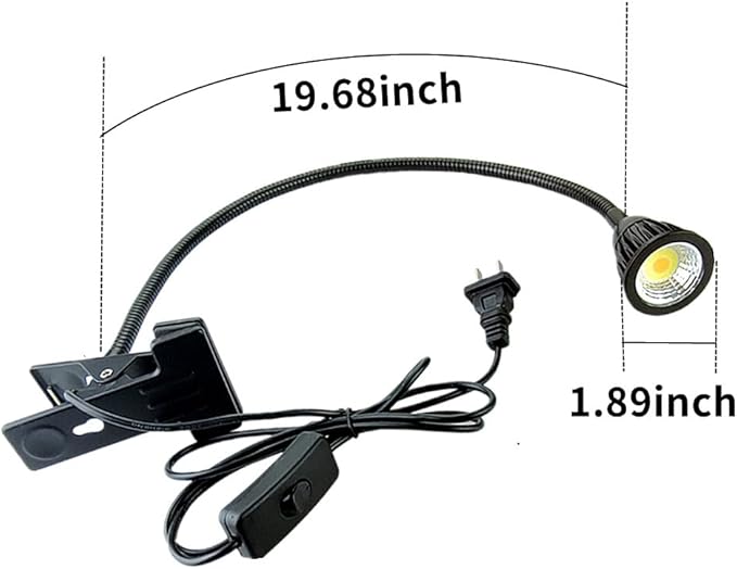QUANS 5W 3 Colors LED COB Clip on Light Black 19.68 INCH 50 CM Tube Desk Flexible Table Bed Lamp Work Home Design Lighting 110V 220V 85-265VAC with US Plug Switch on Off 500LM (Black)