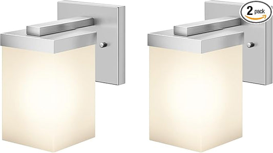 Bathroom Lighting Fixtures Brushed Nickel Vanity Lights with White Frosted Glass Shade, Wall Lamps Over Mirror for Bedroom Porch, 2 Pack T003BR-L1-P2