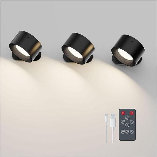 Deyagoo 3PACK Romote LED Wall Sconce - Rechargeable Wall Light, 3 Colors & 3 Brightness Levels, 360° Magnetic Rotating Head, Bedside Reading Lamp, Easy Install Battery Operated Wall Lamp Black